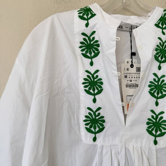 White Green Embroidered Cotton Kaftan Tunic Mini DRESS from ZARA Size Medium New - Picture 5 of 11